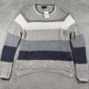 NWT CENY Women's Crew Neck Open Knit Pullover Sweater Oatmeal Gray Stripe Size M